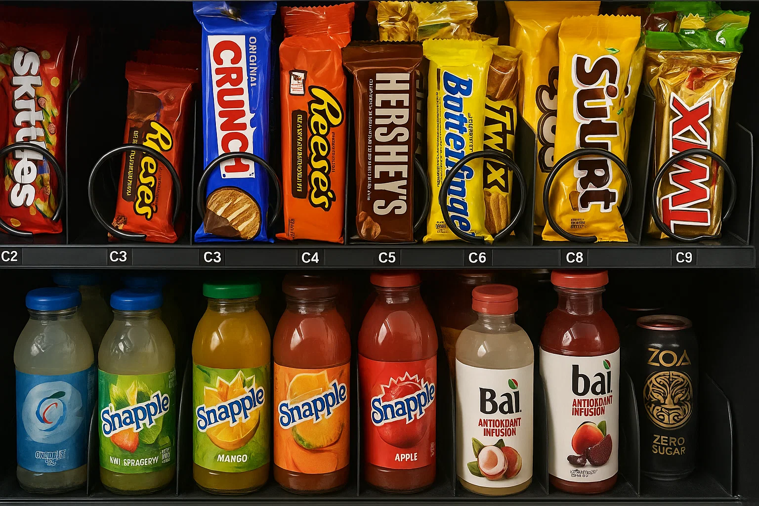 Vending machine with snacks and drinks